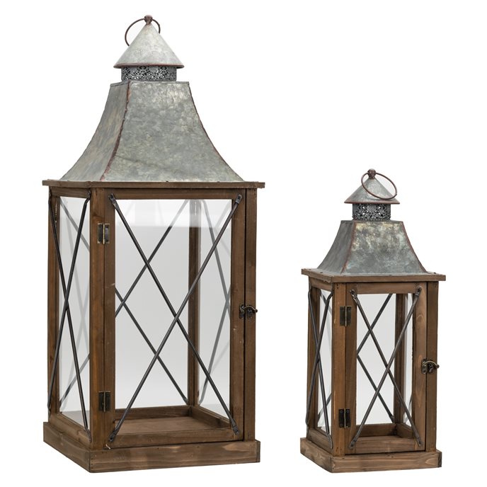 Rustic Wood Lantern with Galvanized Metal Lid (Set of 2) Thumbnail