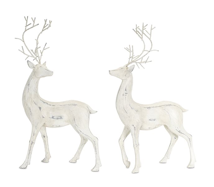 Distressed Ivory Deer Figurine with Metal Antlers (Set of 2) Thumbnail