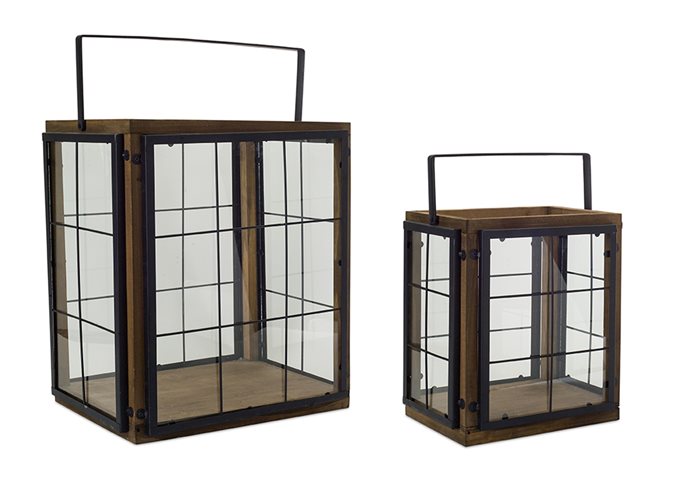 Modern Wood Box Lantern with Metal Panes (Set of 2) Thumbnail