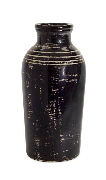 Distressed Black Ceramic Vase with Ivory Accent 17.5"H Thumbnail