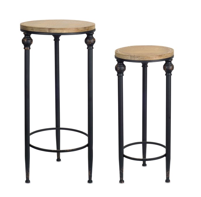 Round Wood and Metal Plant Stand Table (Set of 2) Thumbnail