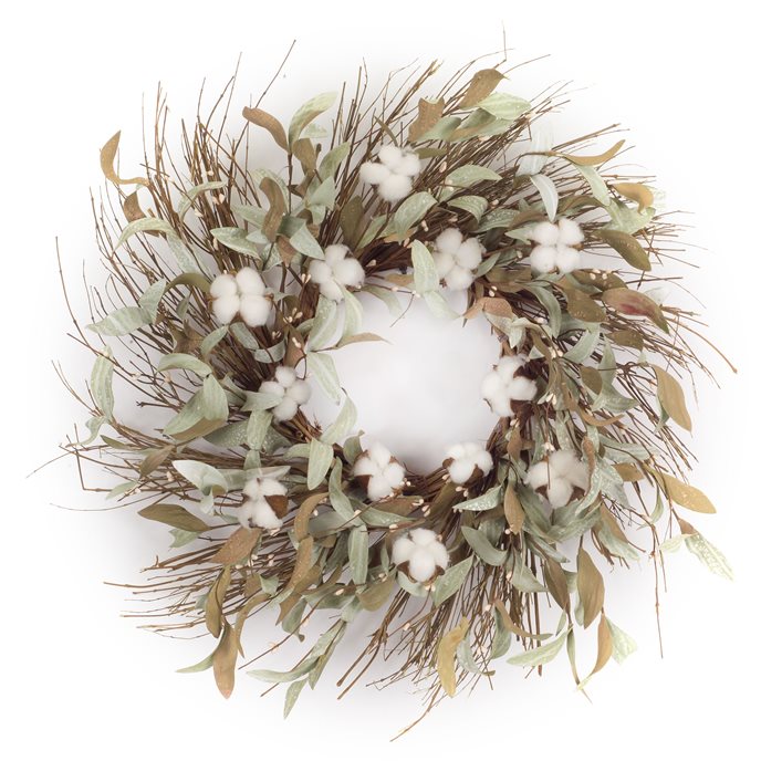 Cotton and Leaf Twig Wreath 28"D Thumbnail