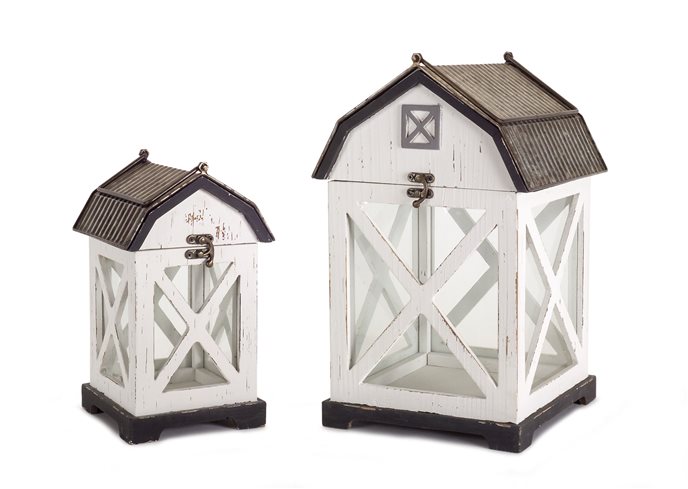 Distressed White Wood Barn Style Lantern (Set of 3) Thumbnail