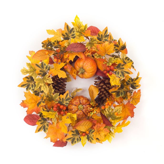 Harvest Foliage Candle Ring with Pumpkin and Pinecone Accents 20.5"D Thumbnail