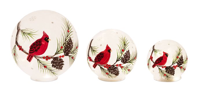 LED Frosted Glass Cardinal and Pine Orb (Set of 3) Thumbnail