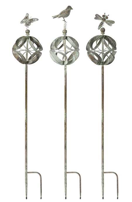 Ornamental Metal Garden Stake with Bird and Insect Accents (Set of 3) Thumbnail