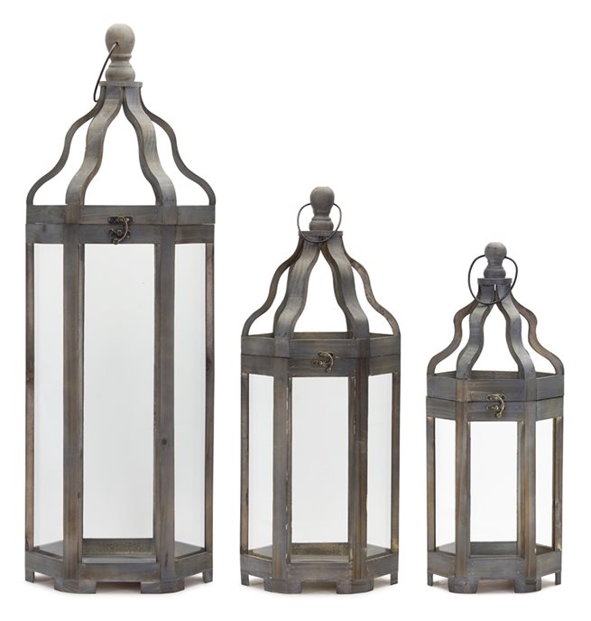 Grey Wood Floor Lantern with Curved Top (Set of 3) Thumbnail