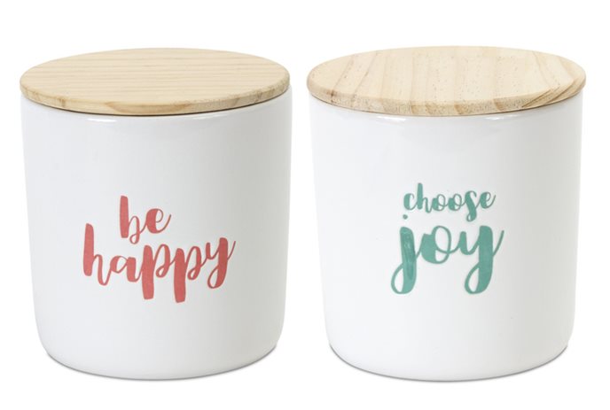 Stoneware Happy Sentiment Canister with Wood Lid (Set of 2) Thumbnail