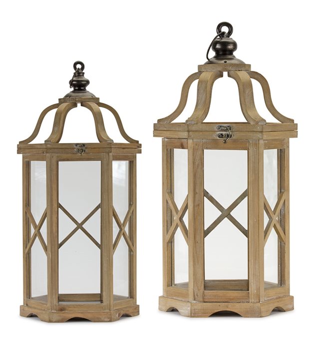 Natural Wood Hexagon Lantern with Curved Top (Set of 2) Thumbnail