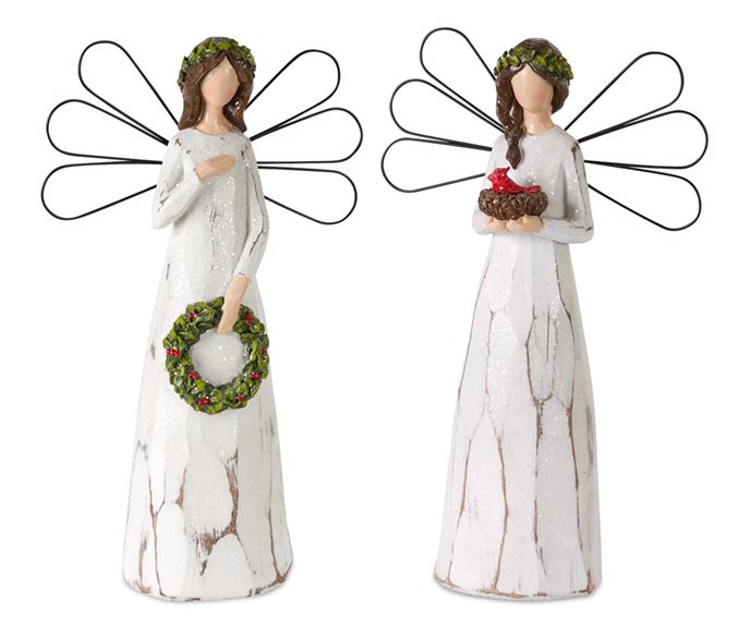 Frosted Winter Angel with Bird and Wreath Accent (Set of 2) Thumbnail