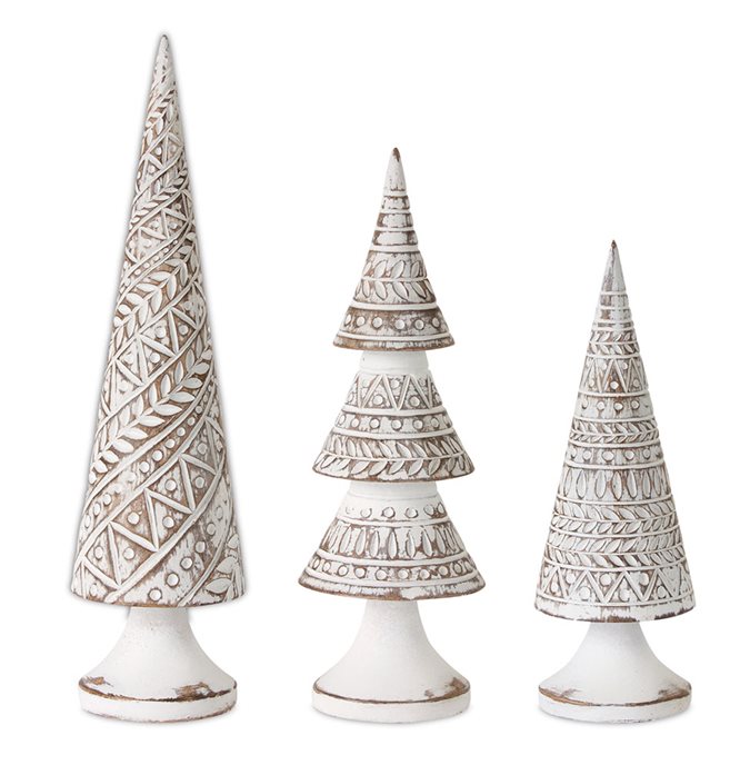 Geometric White Washed Wood Design Holiday Tree Decor (Set of 3) Thumbnail