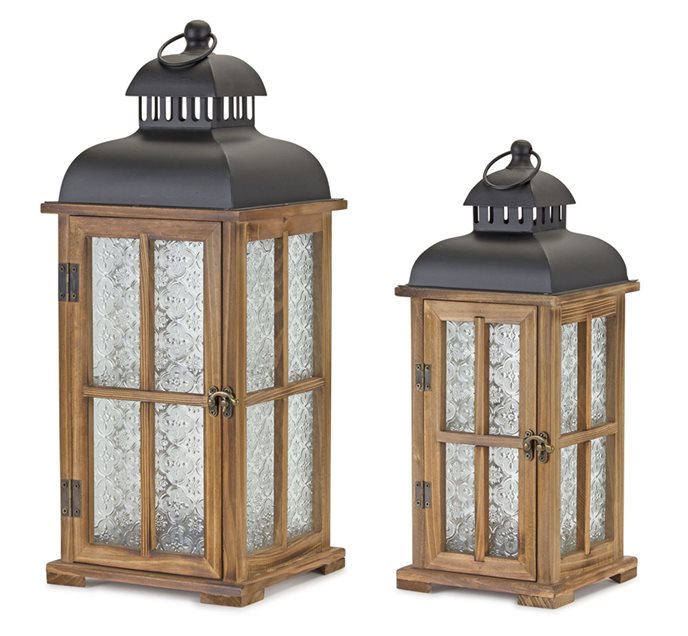 Natural Wood Lantern with Ornate Frosted Glass (Set of 2) Thumbnail