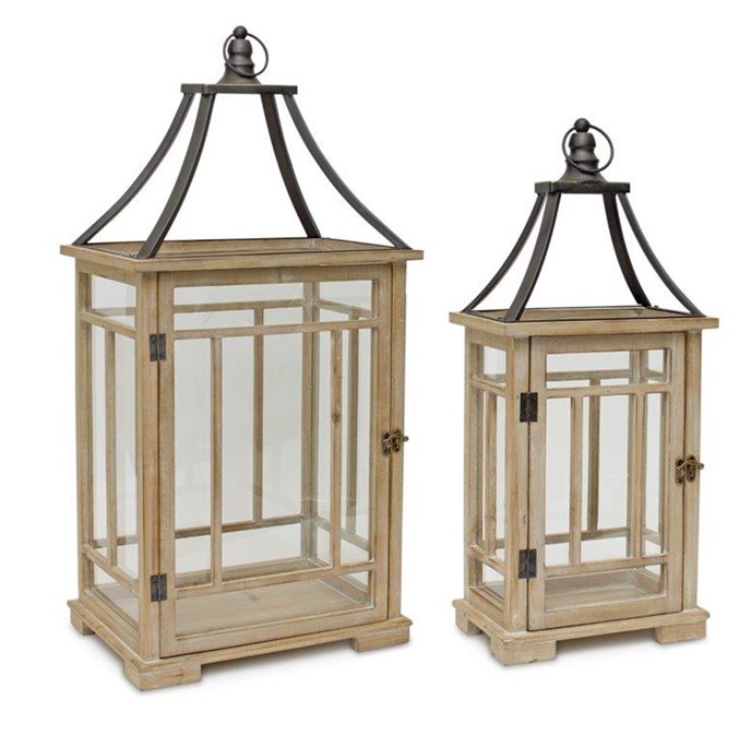 Natural Wood Lantern with Open Metal Lid (Set of 2) Thumbnail