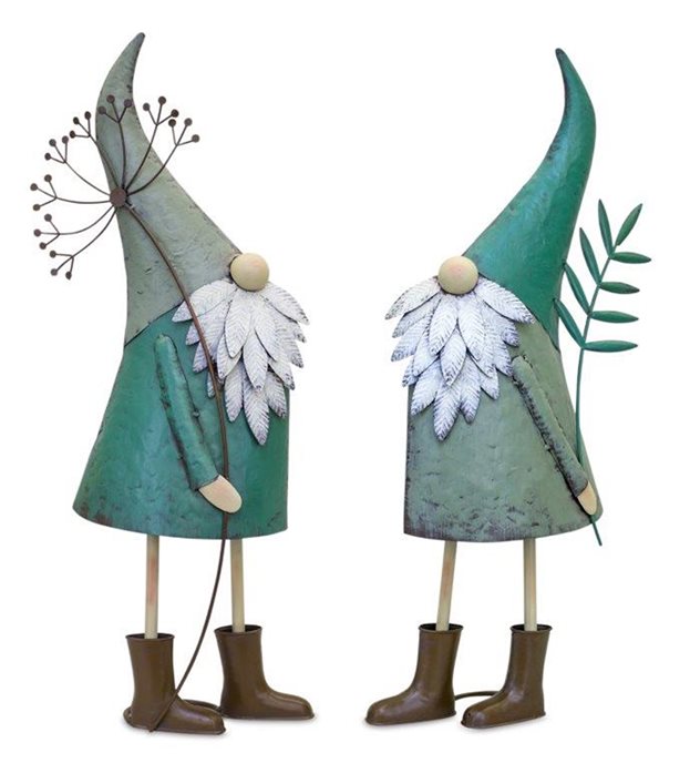 Iron Metal Standing Garden Gnome with Flower (Set of 2) Thumbnail