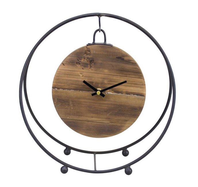 Natural Wooden Hanging Clock in Round Metal Stand 11.5"D Thumbnail