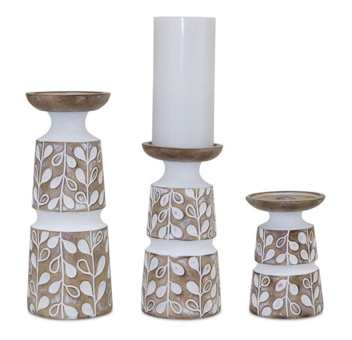 Leaf Pattern Candle Holder with Wood Design (Set of 3) Thumbnail