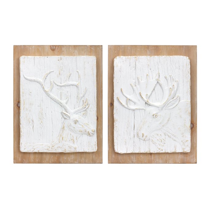 White Washed Wood Design Deer and Moose Wall Decor (Set of 2) Thumbnail