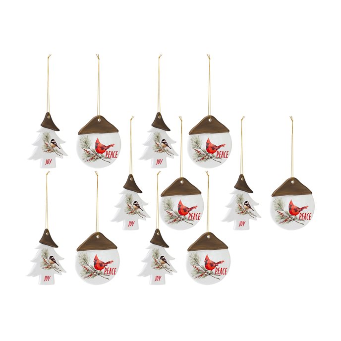 Ceramic Chickadee Pine Branch Peace Joy Tag Ornament (Set of 12) Thumbnail