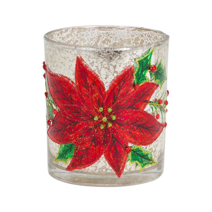 Crackle Glass Tea Light Candle Holder with Beaded Poinsetta Design (Set of 6) Thumbnail