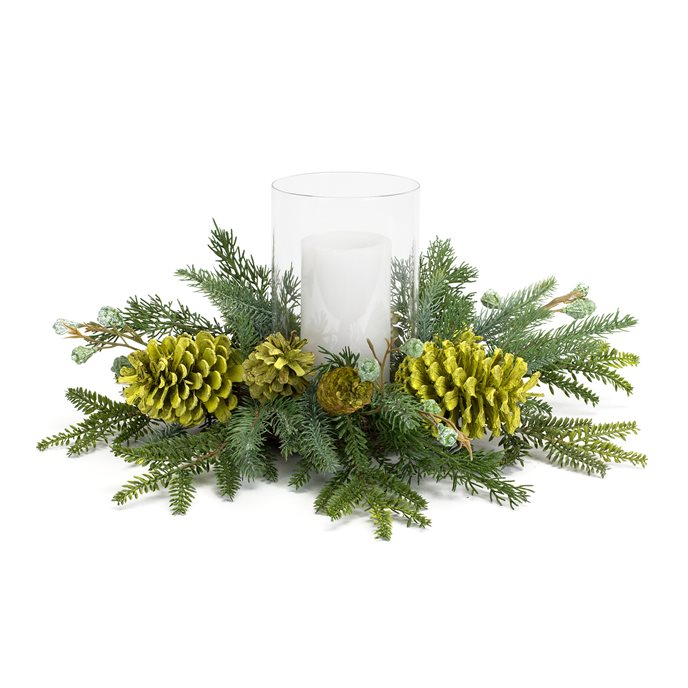 Mixed Winter Pine Cone Candle Holder with Glass Hurricane 18"D Thumbnail