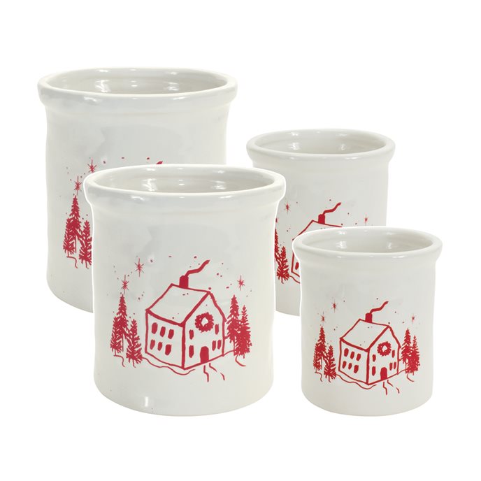 Ceramic Crock with Snowy House Scene (Set of 4) Thumbnail