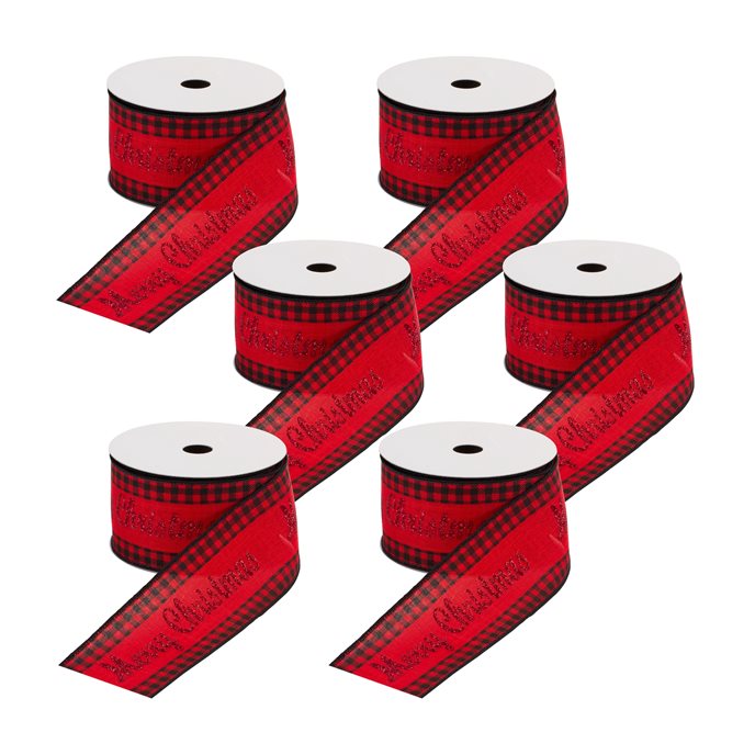 Wired Merry Christmas Ribbon with Buffalo Plaid Accent (Set of 6) Thumbnail