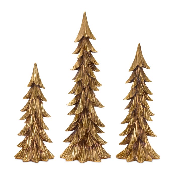 Carved Stone Pine Tree Decor with Gold Finish (Set of 3) Thumbnail