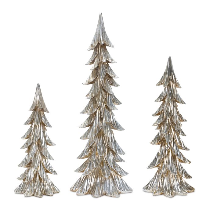 Carved Stone Pine Tree Decor with Silver Finish (Set of 3) Thumbnail