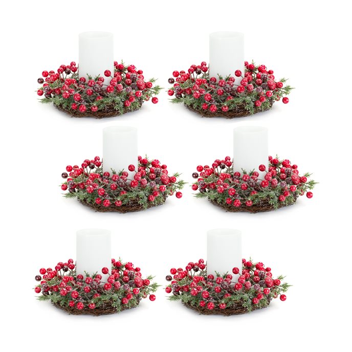 Frosted Winter Berry Pine Candle Ring with Grapevine Base (Set of 6) Thumbnail