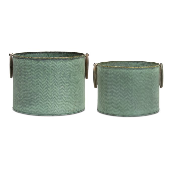 Round Metal Tub Platner with Distressed Green Finish (Set of 2) Thumbnail