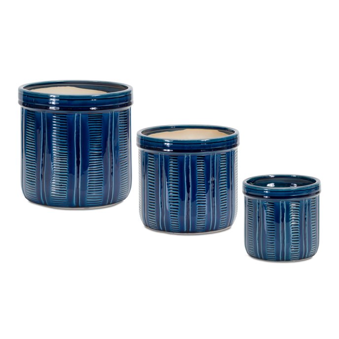 Blue Etched Terra Cotta Pot Planter (Set of 3) Thumbnail