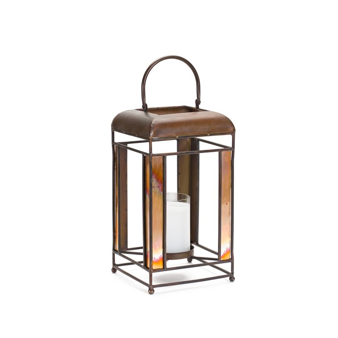 Brozne Metal Candle Holder with Amber Glass Panes and Hurricane 13.5"H Thumbnail