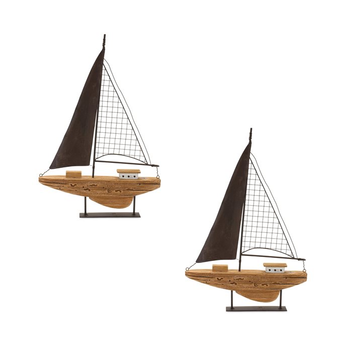 Natural Paulownia Wood Sailboat Sculpture with Metal Accents (Set of 2)' Thumbnail