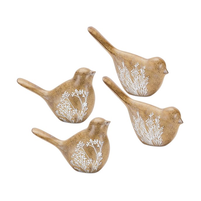 Floral Etched Bird Figurine with Wood Grain Design (Set of 4) Thumbnail