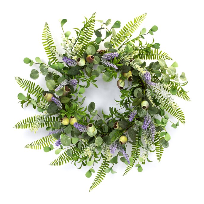 Mixed Fern and Eucalyptus Wreath with Pod and Lavender Accents 19.5"D Thumbnail