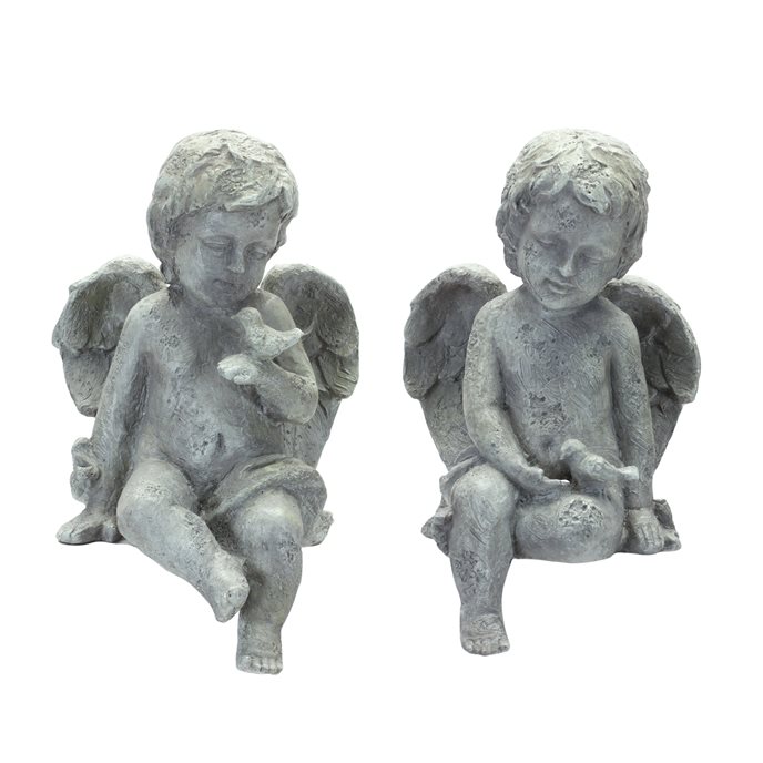 Sitting Cherub Angel Figurine with Bird Accent (Set of 2) Thumbnail