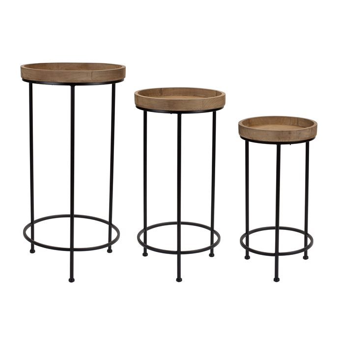 Round Wood and Metal Plant Stand Table (Set of 2) Thumbnail