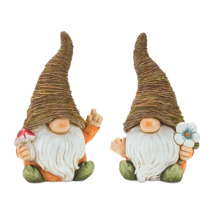 Distressed Garden Gnome Statue with Mushroom and Flower Accent (Set of 2) Thumbnail