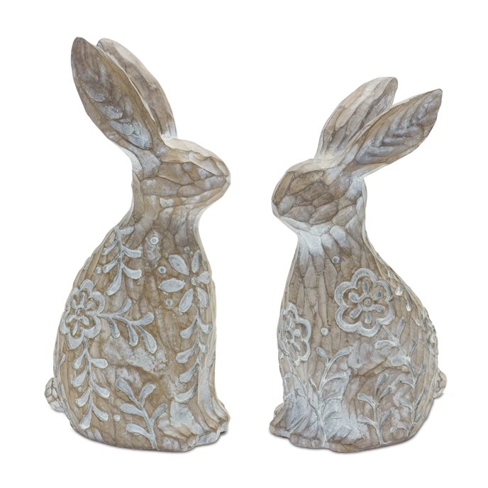 Floral Carved Rabbit Figurine (Set of 2) Thumbnail