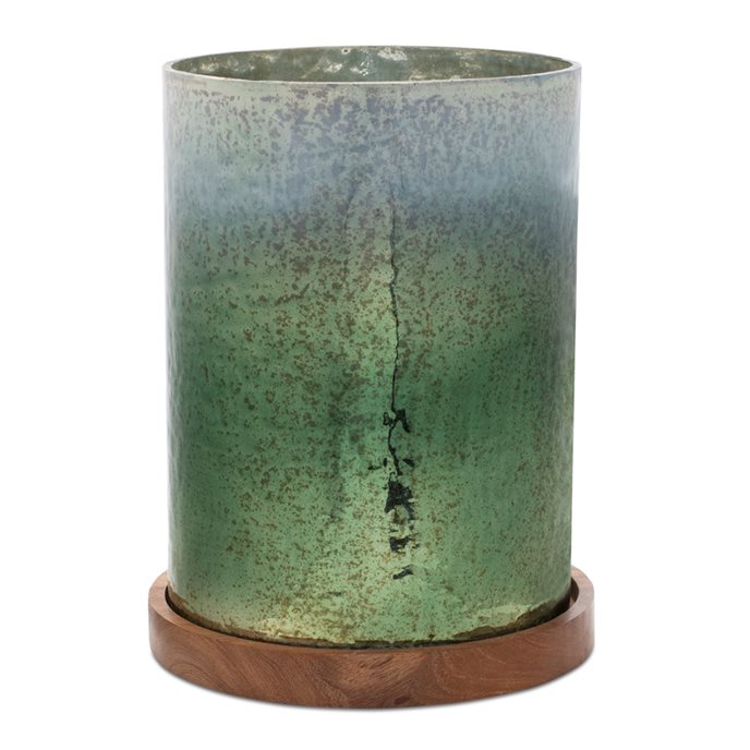 Green Mercury Glass Candle Holder with Wood Base 8.5"H Thumbnail