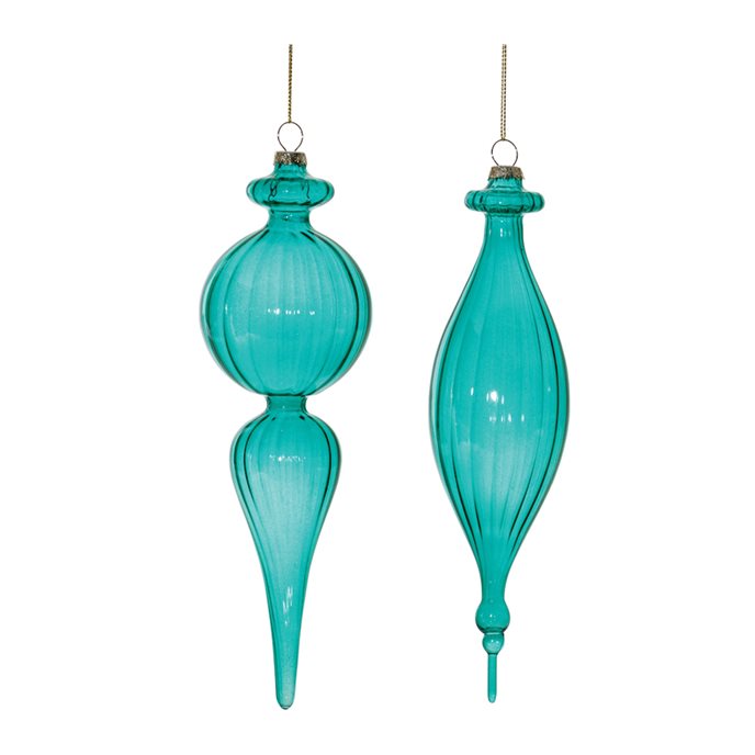 Blue Ribbed Glass Finial Drop Ornament (Set of 6) Thumbnail