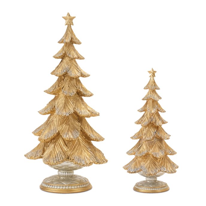 Glittered Gold Pine Tree on Pedestal (Set of 2) Thumbnail