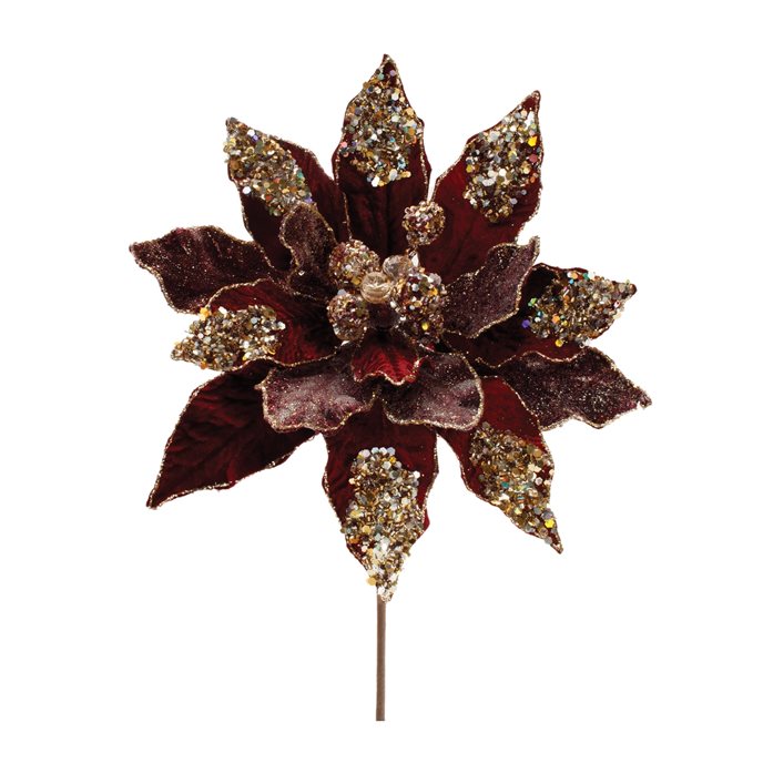 Beaded Burgandy Poinsettia Flower Stem (Set of 2) Thumbnail