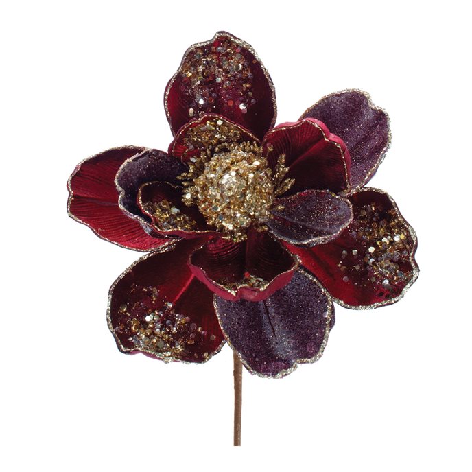 Beaded Burgandy Magnolia Flower Stem (Set of 2) Thumbnail