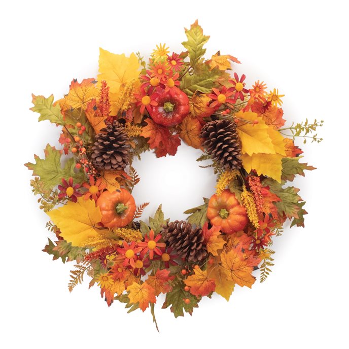 Mixed Fall Foliage Wreath with Pumpkins 26.5"D Thumbnail