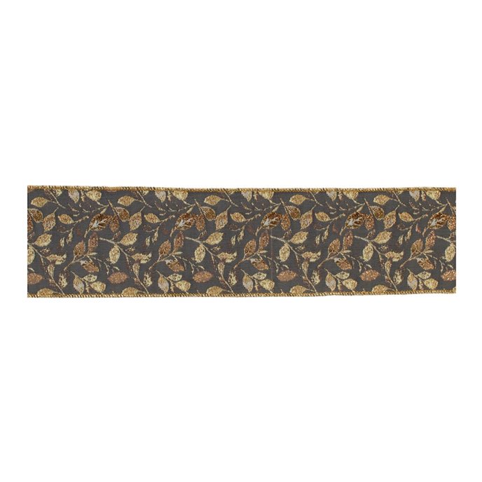 Grey and Gold Leaf Print Wired Ribbon 4" x 5yds Thumbnail