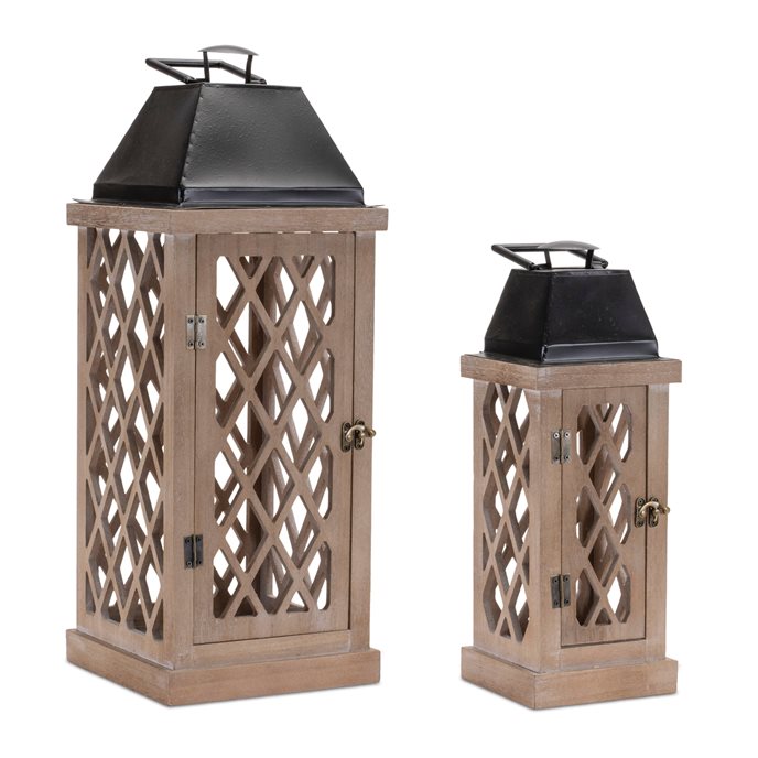 Lattice Wood Lantern with Metal Lid (Set of 2) Thumbnail