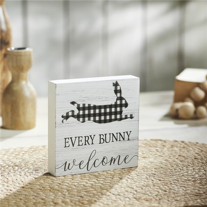 Bunny Hop Every Bunny Welcome Buffalo Check MDF Block Sign 5x5x1 Thumbnail