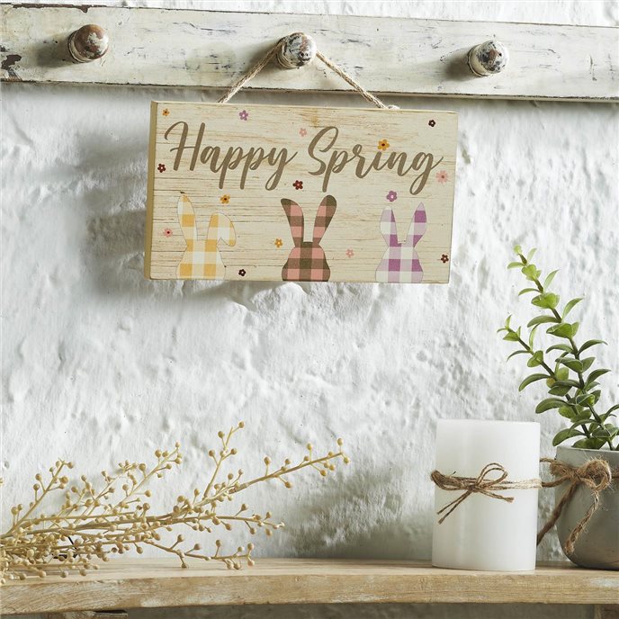 Bunny Hop Happy Spring 3 Bunnies In Check MDF Wall Sign w/ Twine 5x9x0.75 Thumbnail