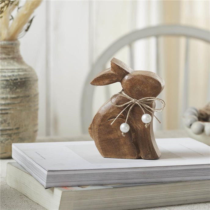 Bunny Hop Wooden Sitting Bunny Natural w/ Pearl Beads 4.25x5.5x1.5 Thumbnail